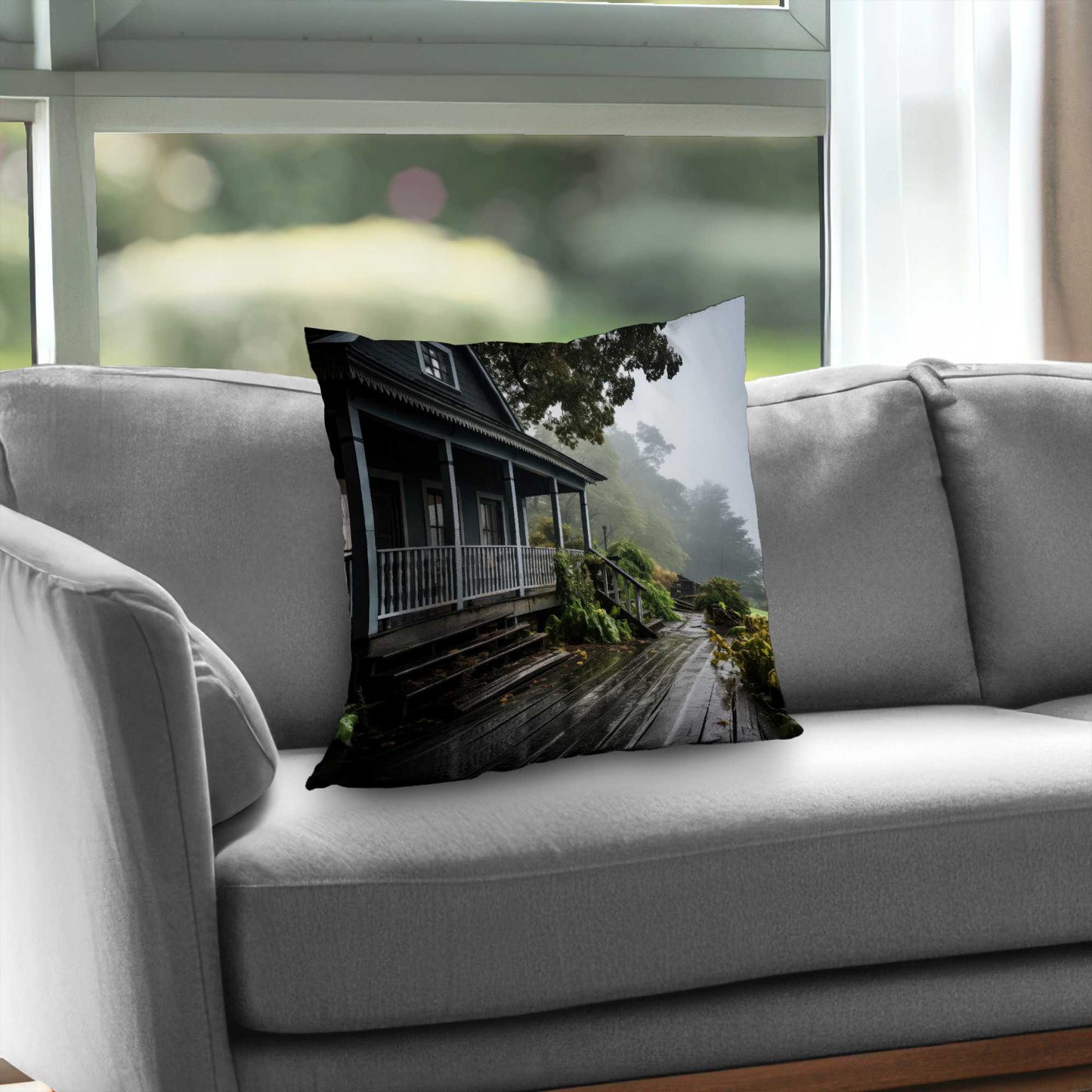 Coussin décoratif en sergé de polyester « Porche pluvieux » - Accessoire de décoration confortable pour la maison