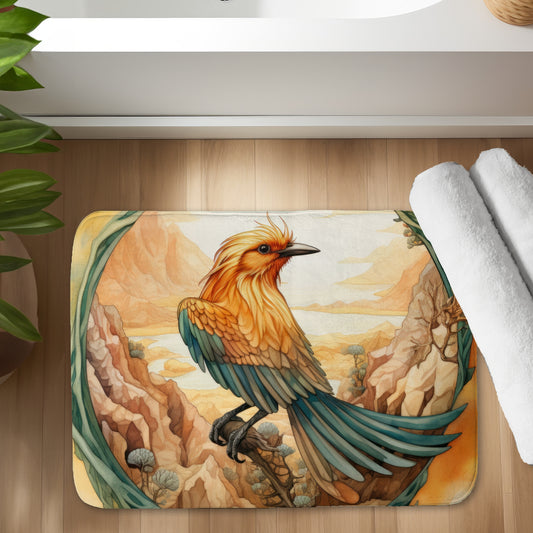 Perched Bird White Bath Mat - Elegant Home Decor Accessory