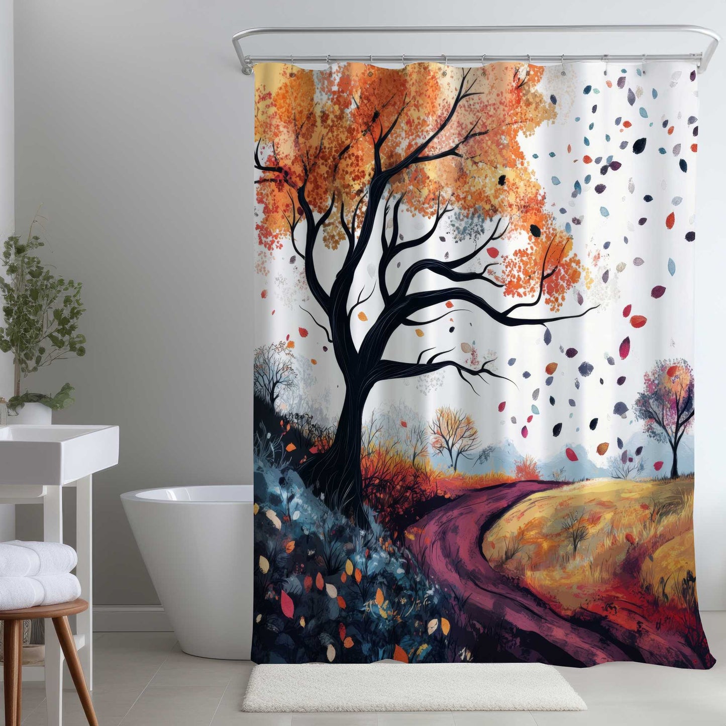 Rideau de douche violet à motif de feuilles mortes | Décoration d'intérieur