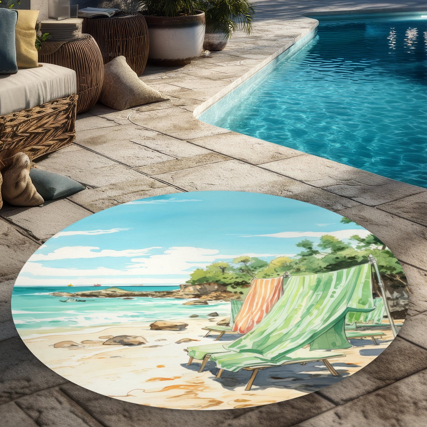 Beach Calm - White Round Outdoor Area Rug for Home Decor