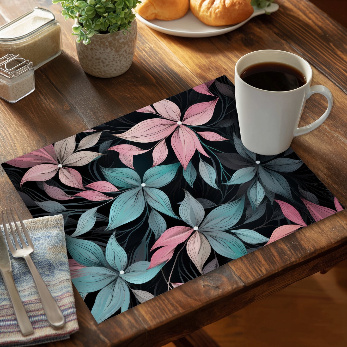 Desaturated Flowers Pink Polyester Placemat | Home Decor Elegance