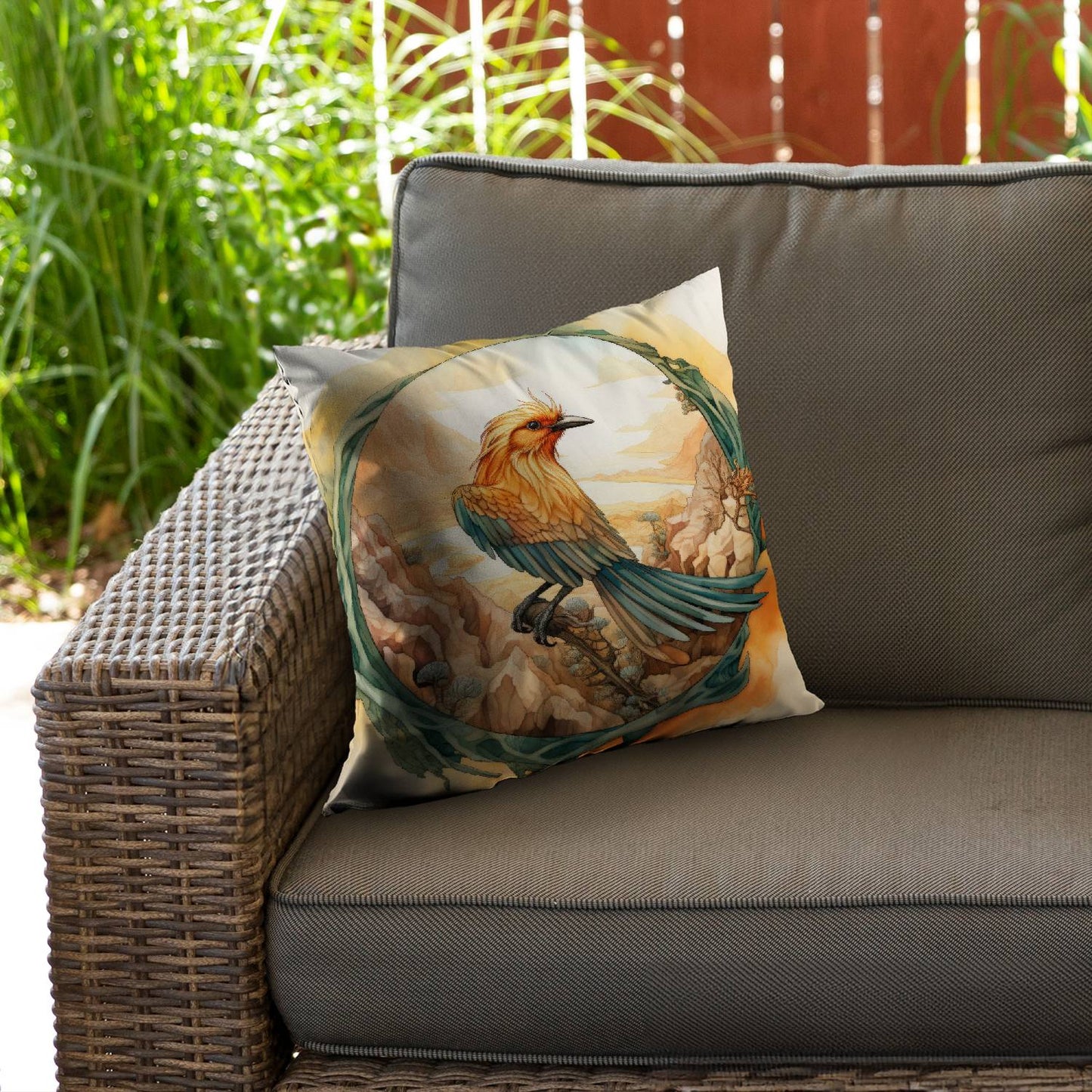 Perched bird - Throw pillow - Print on demand