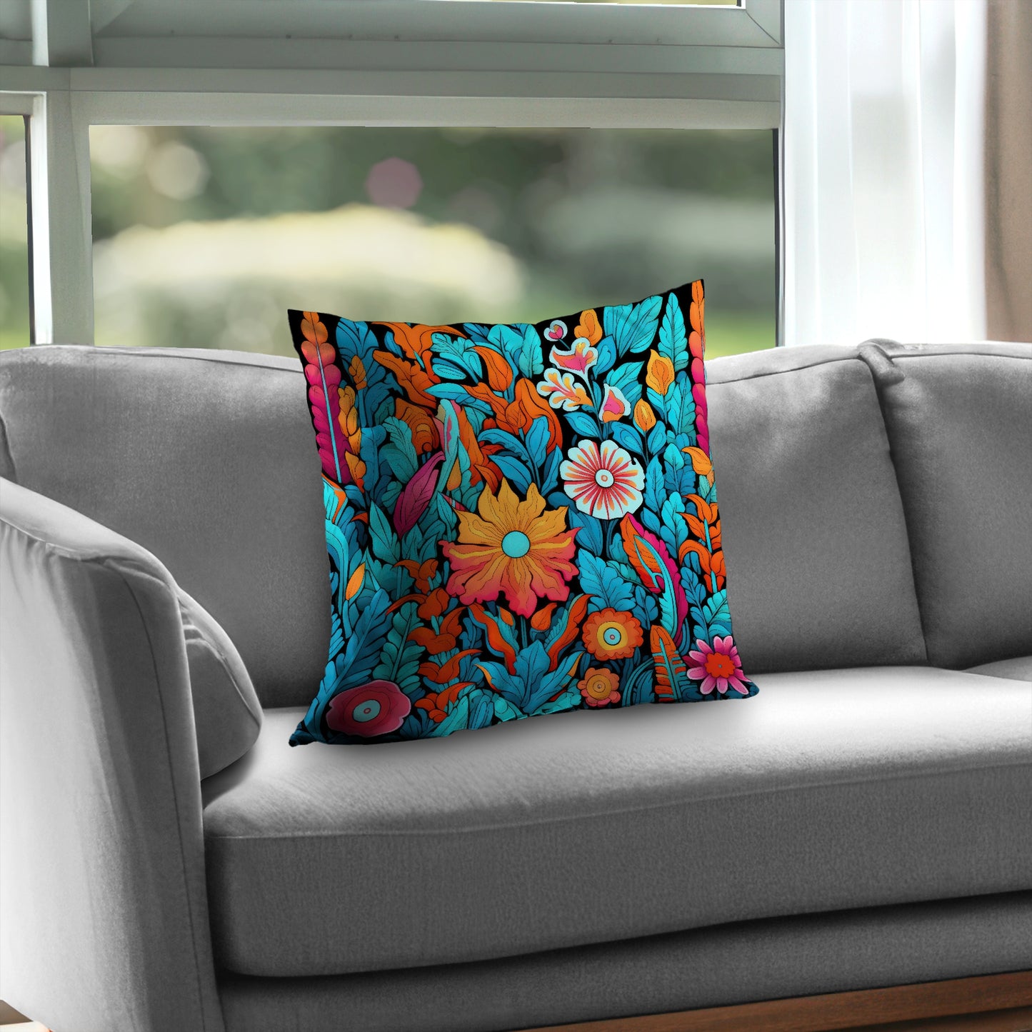 Floral Hues Black Poly Twill Throw Pillow - Home Decor Insert