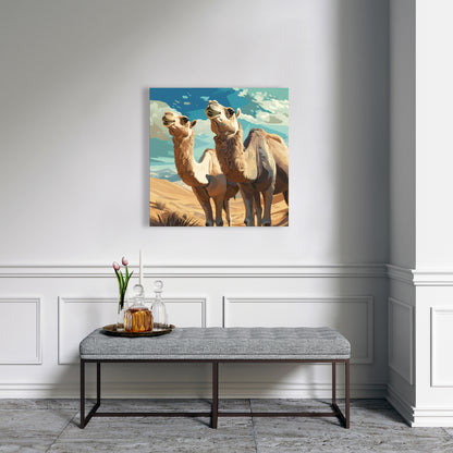 Camels Looking Up - Blue Canvas Art for Home Decor