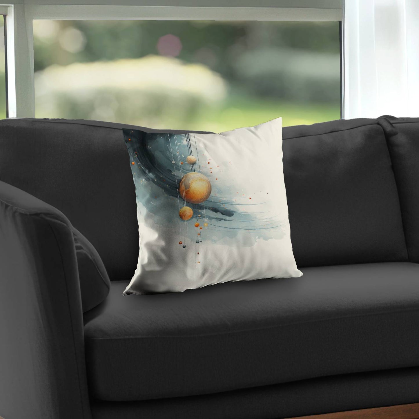 Coussin décoratif en sergé de polyester à motif planètes suspendues | Accessoire de décoration intérieure