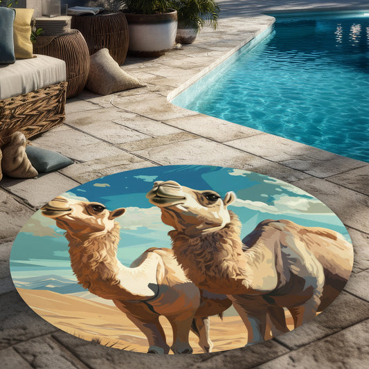 Camels Looking Up Beige 5' Round Outdoor Area Rug | Home Decor