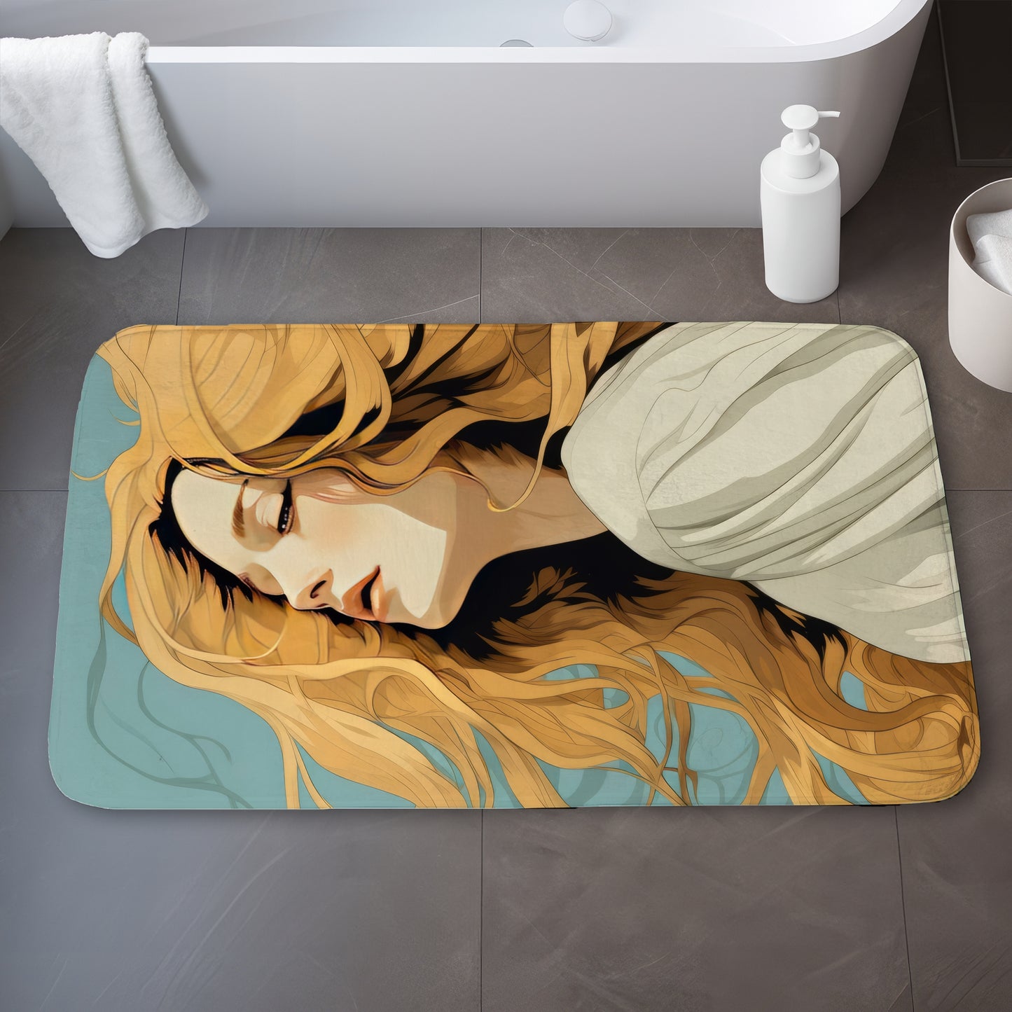 Flowing Hair Turquoise Bath Mat - Stylish Home Decor Accent