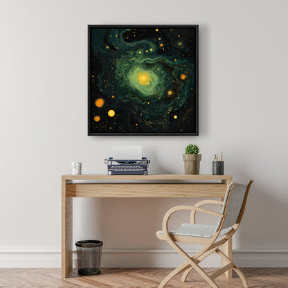 Illuminated in Space - Green Framed Canvas for Home Decor