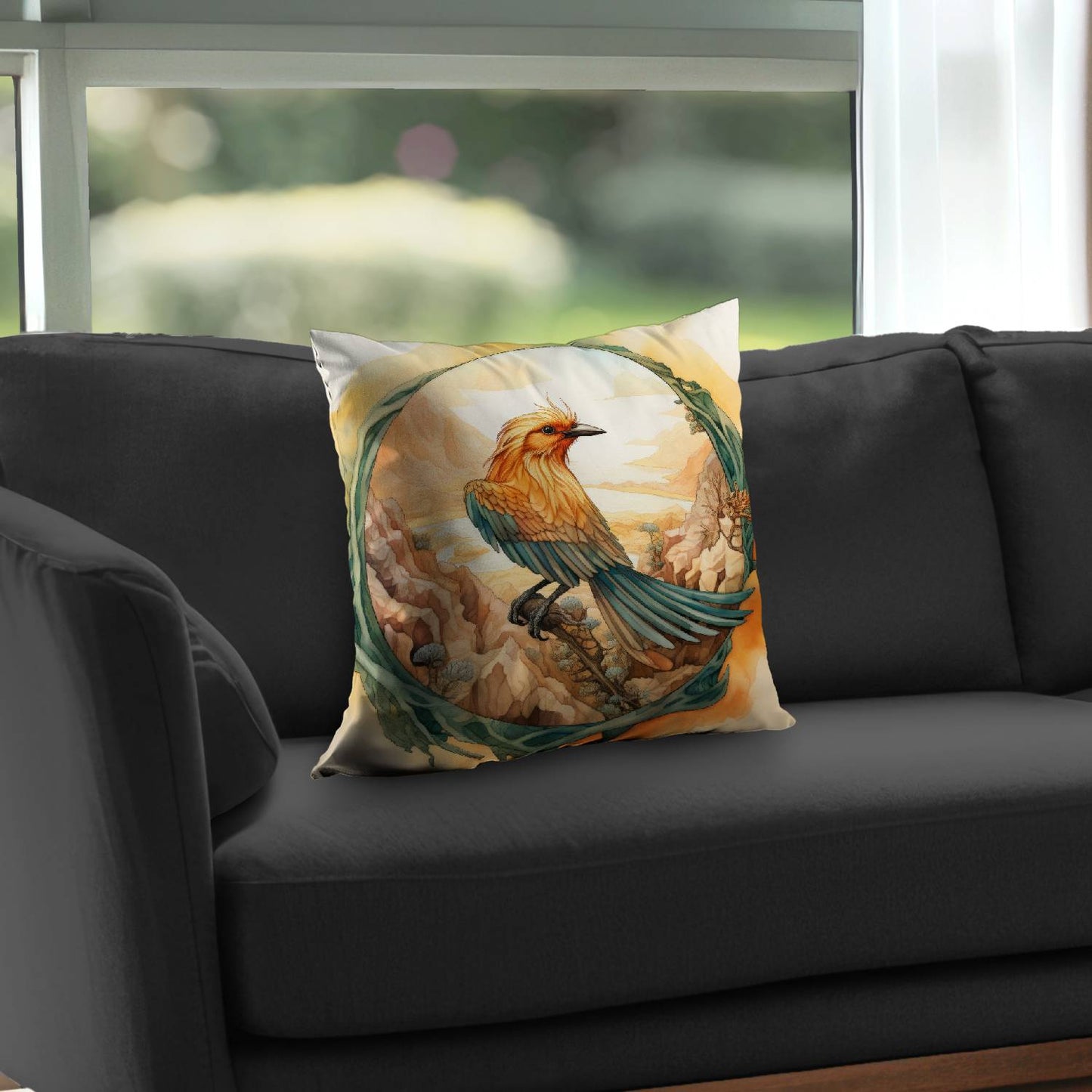 Perched bird - Throw pillow - Print on demand