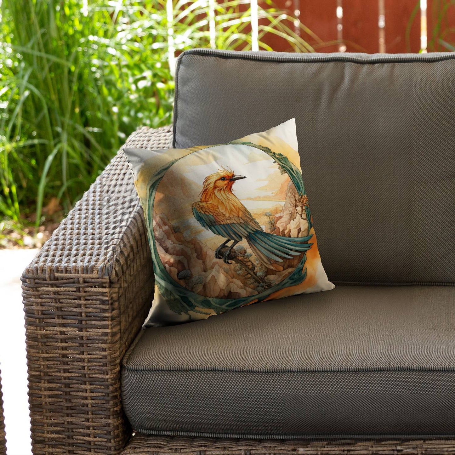 Perched bird - Throw pillow - Print on demand