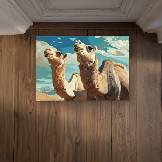 Camels Looking Up - Blue Indoor/Outdoor Door Mat