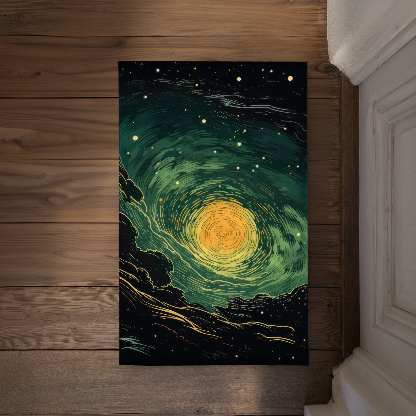 Turmoil in Space Green Indoor Outdoor Door Mat | Home Decor