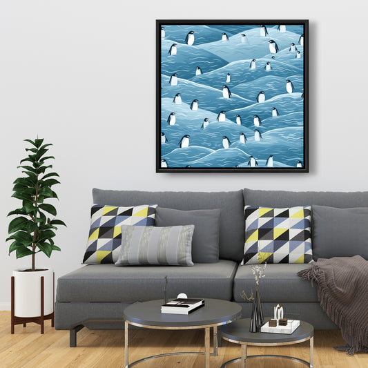 Penguins Wandering - Turquoise Framed Canvas for Home Decor