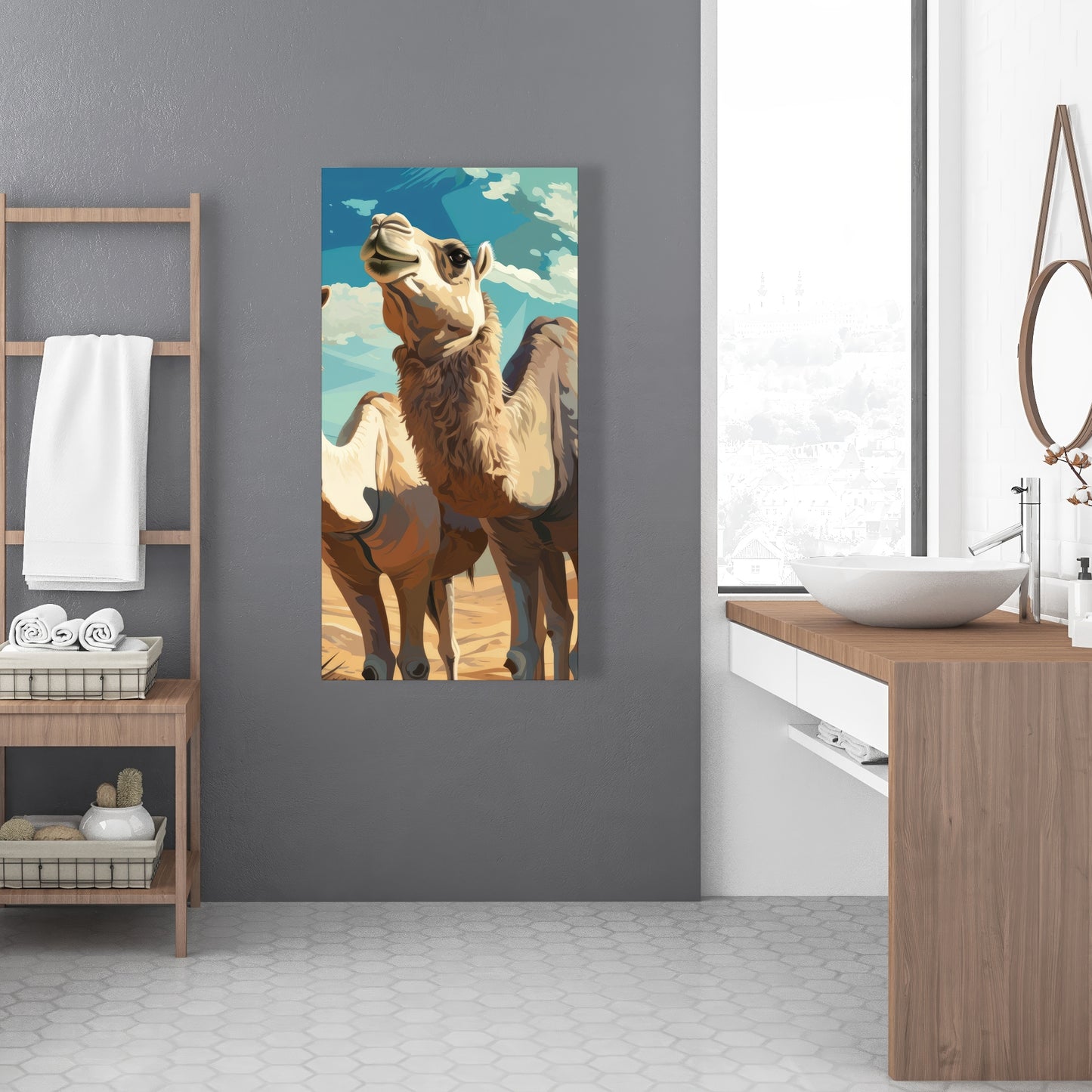 Camels Looking Up - Blue Canvas Art for Home Decor
