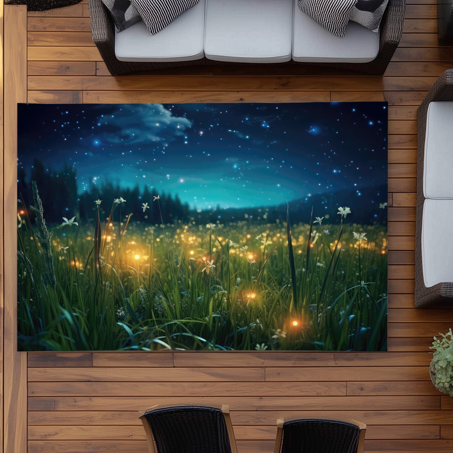 Fireflies at Night Blue Outdoor Area Rug for Home Decor
