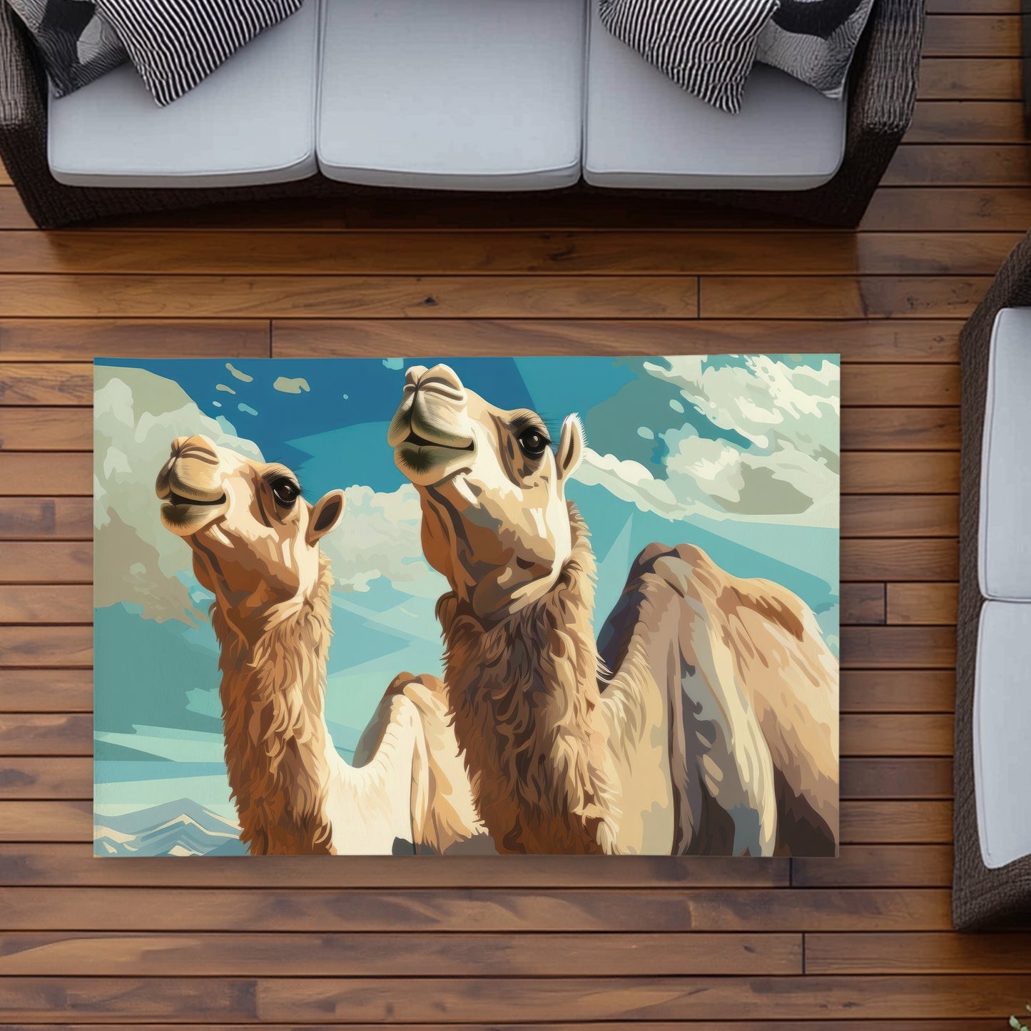 Camels Looking Up - Blue Outdoor Area Rug for Home Decor