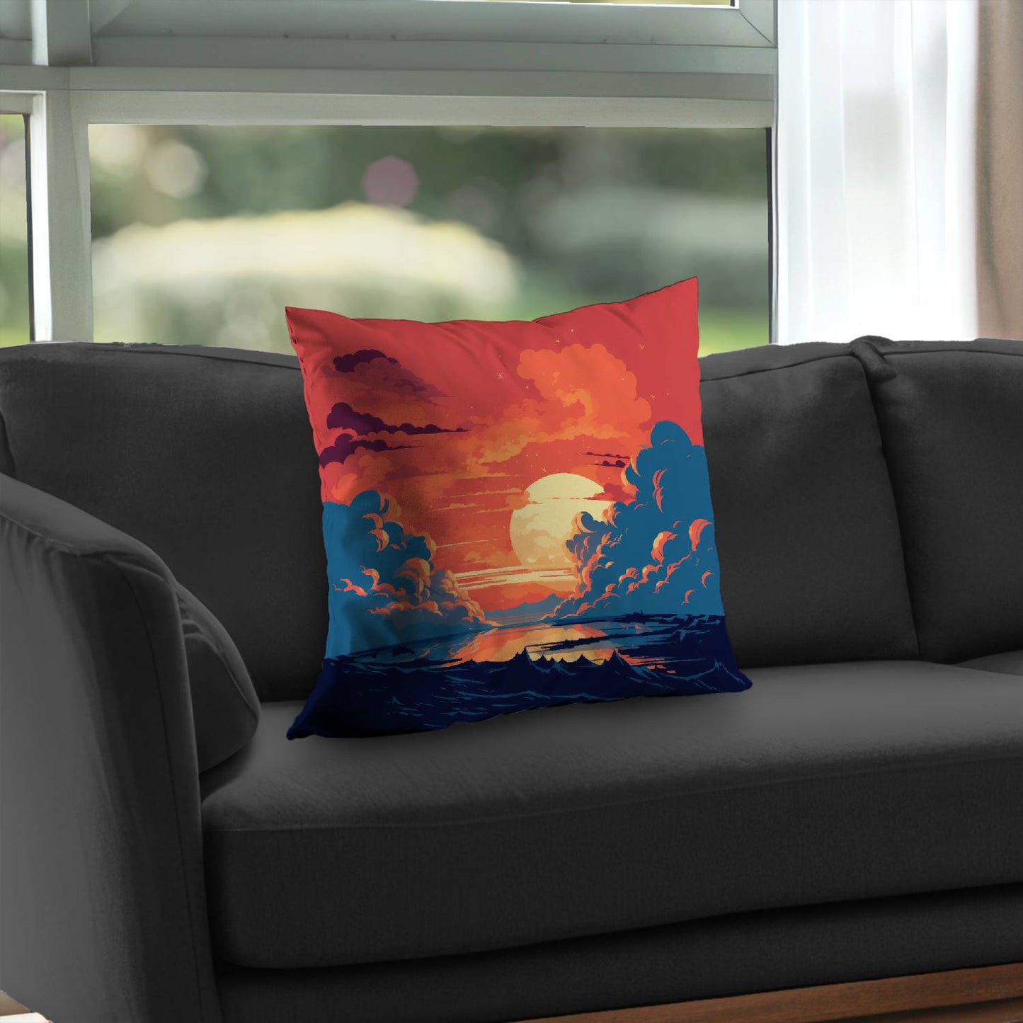 Coussin décoratif en sergé de polyester orange et bleu | Accessoire de décoration intérieure