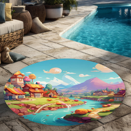Sweet Town Purple 5' Round Outdoor Area Rug for Home Decor