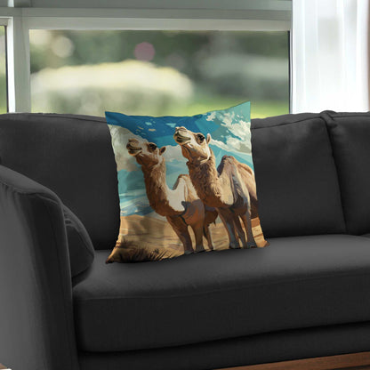 Camels Looking Up Blue Poly Twill Throw Pillow - Home Decor