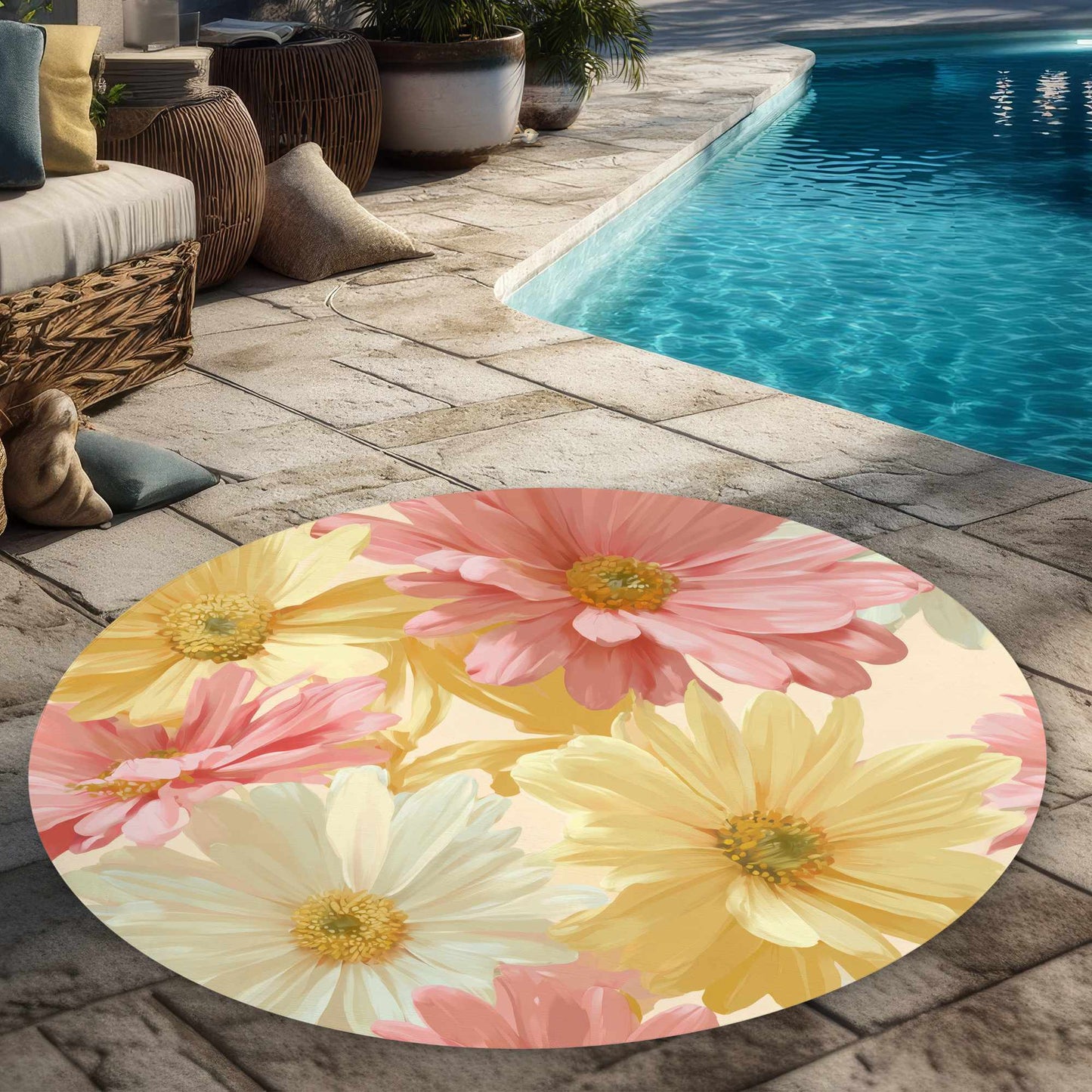 Tapis d'extérieur rond Sunlit Daisy Dream | Décoration intérieure