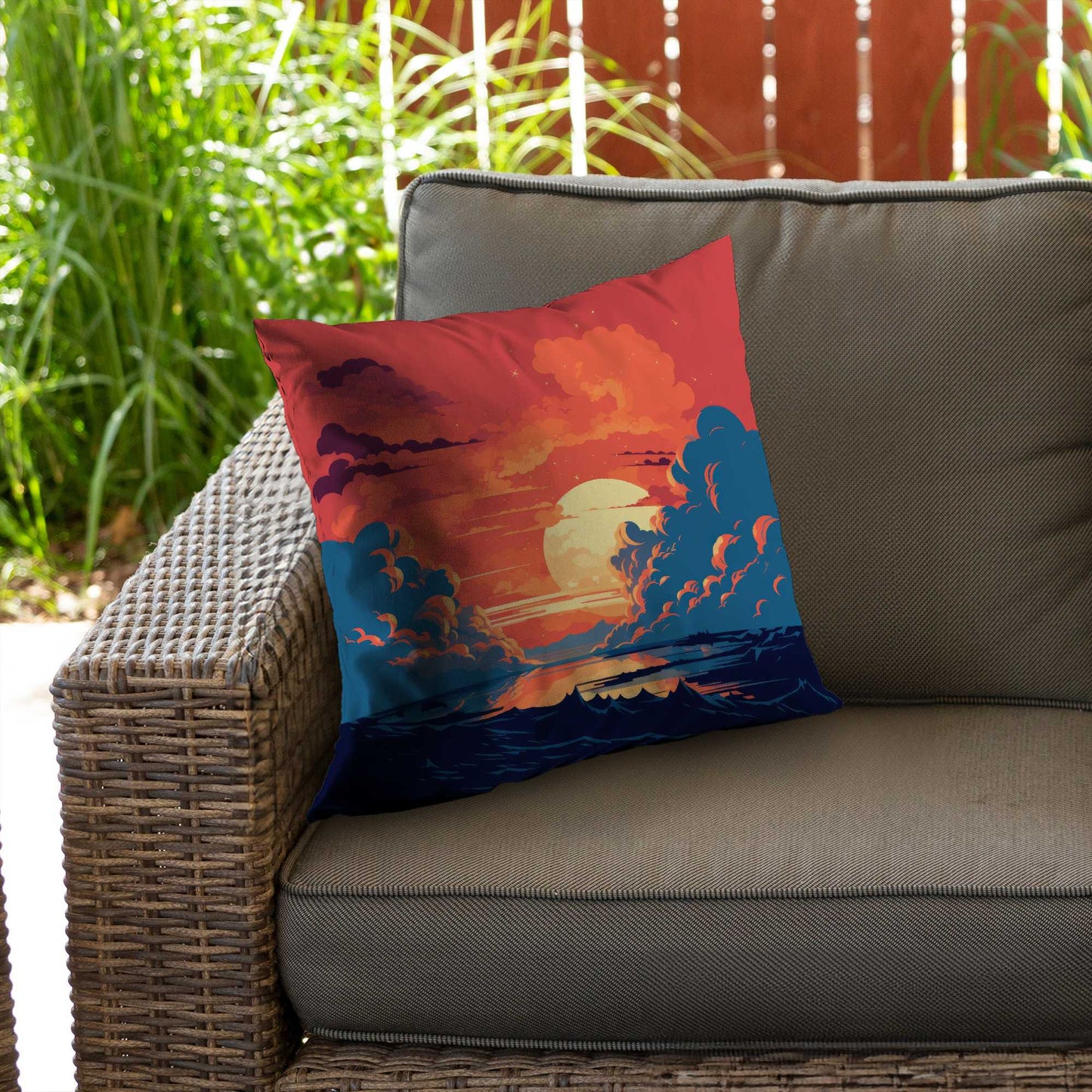 Coussin décoratif en sergé de polyester orange et bleu | Accessoire de décoration intérieure