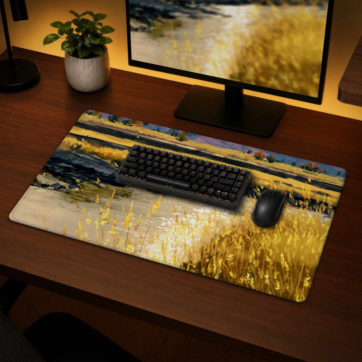 Tapis de Bureau Lumineux Golden Stream | Accessoire de Décoration Élégant