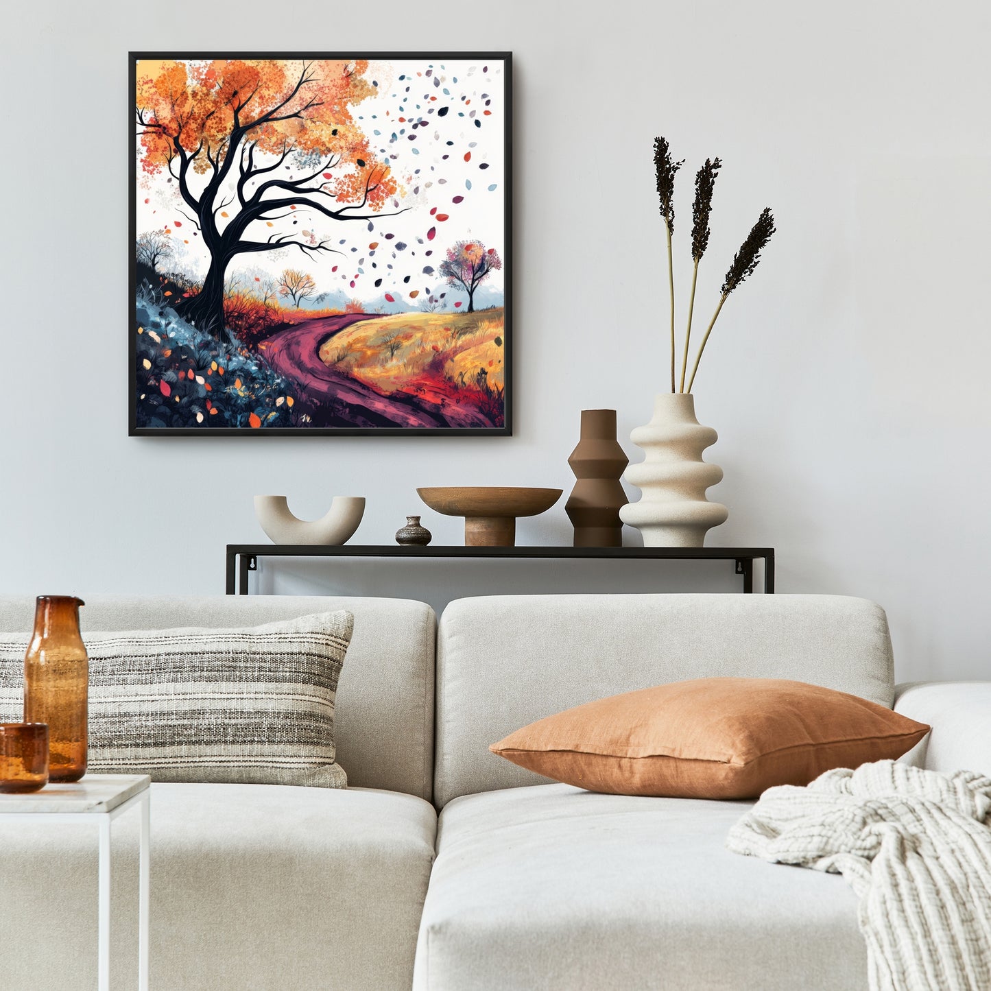 Blowing Leaves - Blue Framed Canvas for Home Decor
