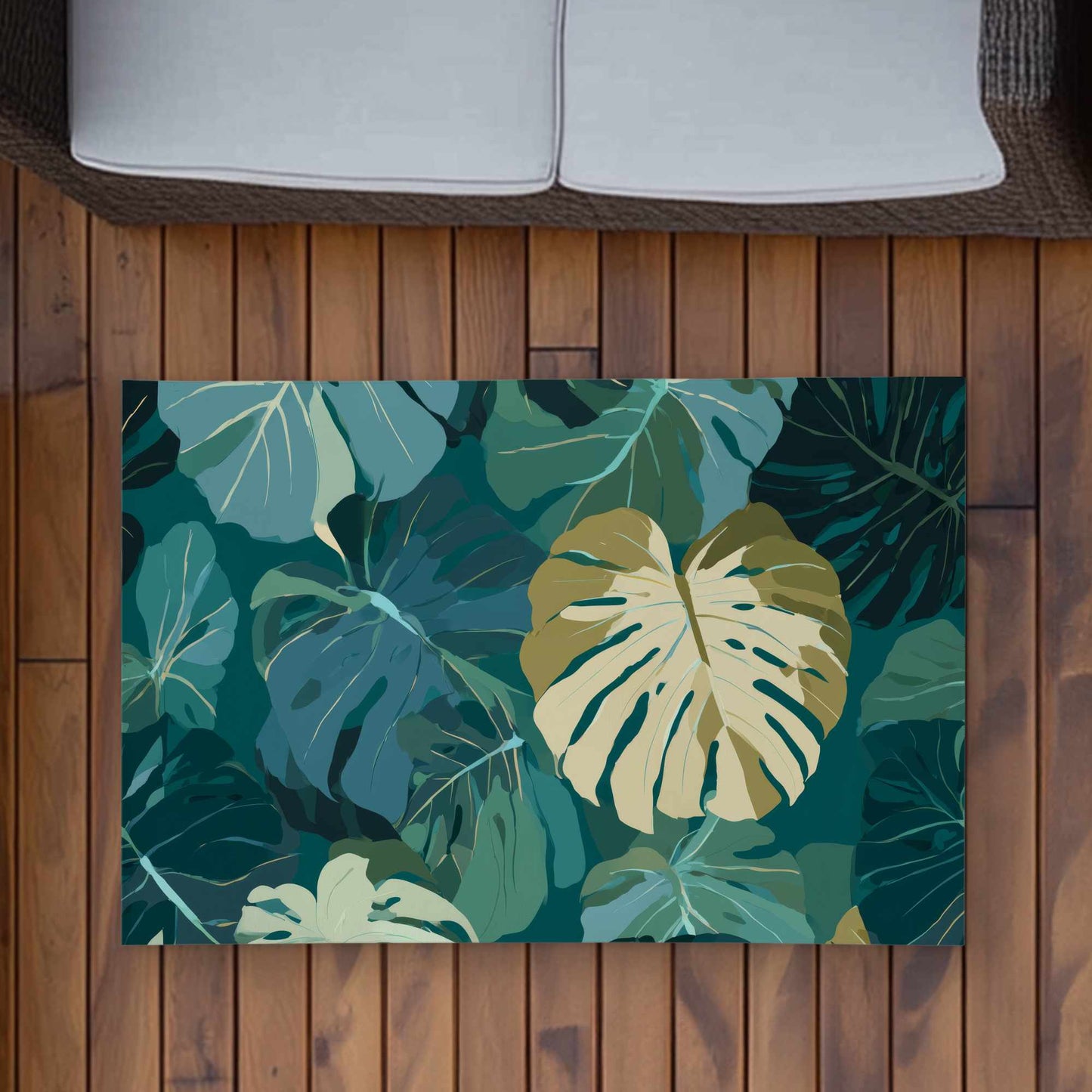 Tapis d'extérieur motif voile de feuilles tropicales | Décoration d'intérieur élégante