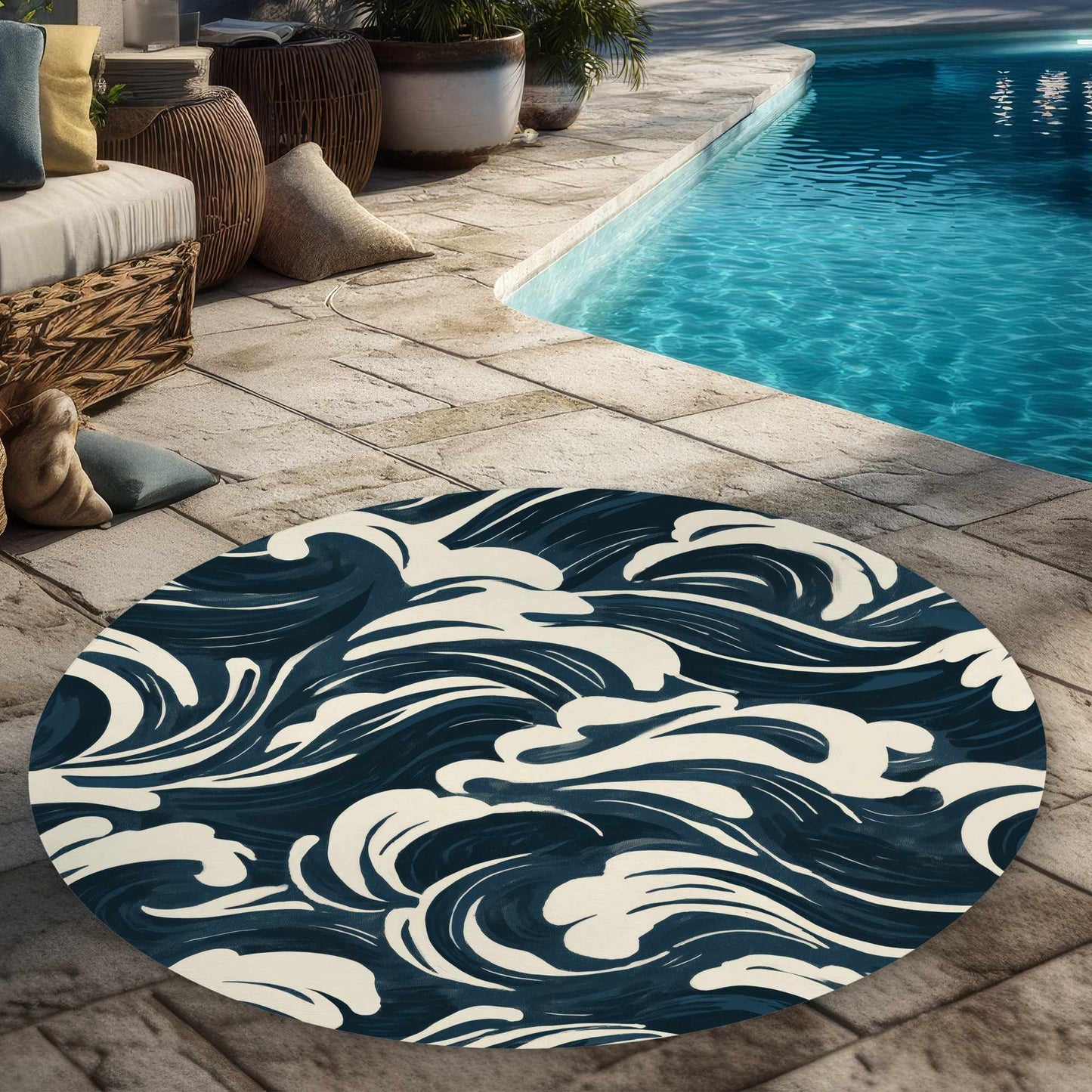 Tapis d'extérieur rond Midnight Ocean Flow | Décoration d'intérieur élégante