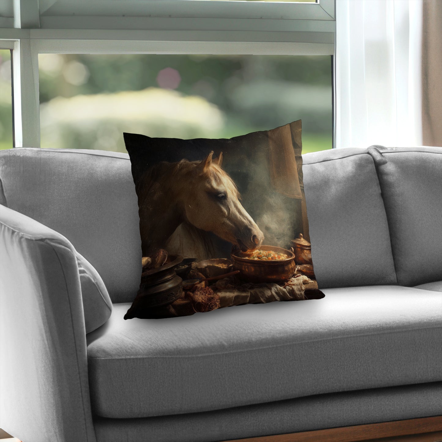 Horse on Soup Brown Poly Twill Throw Pillow - Decor Insert