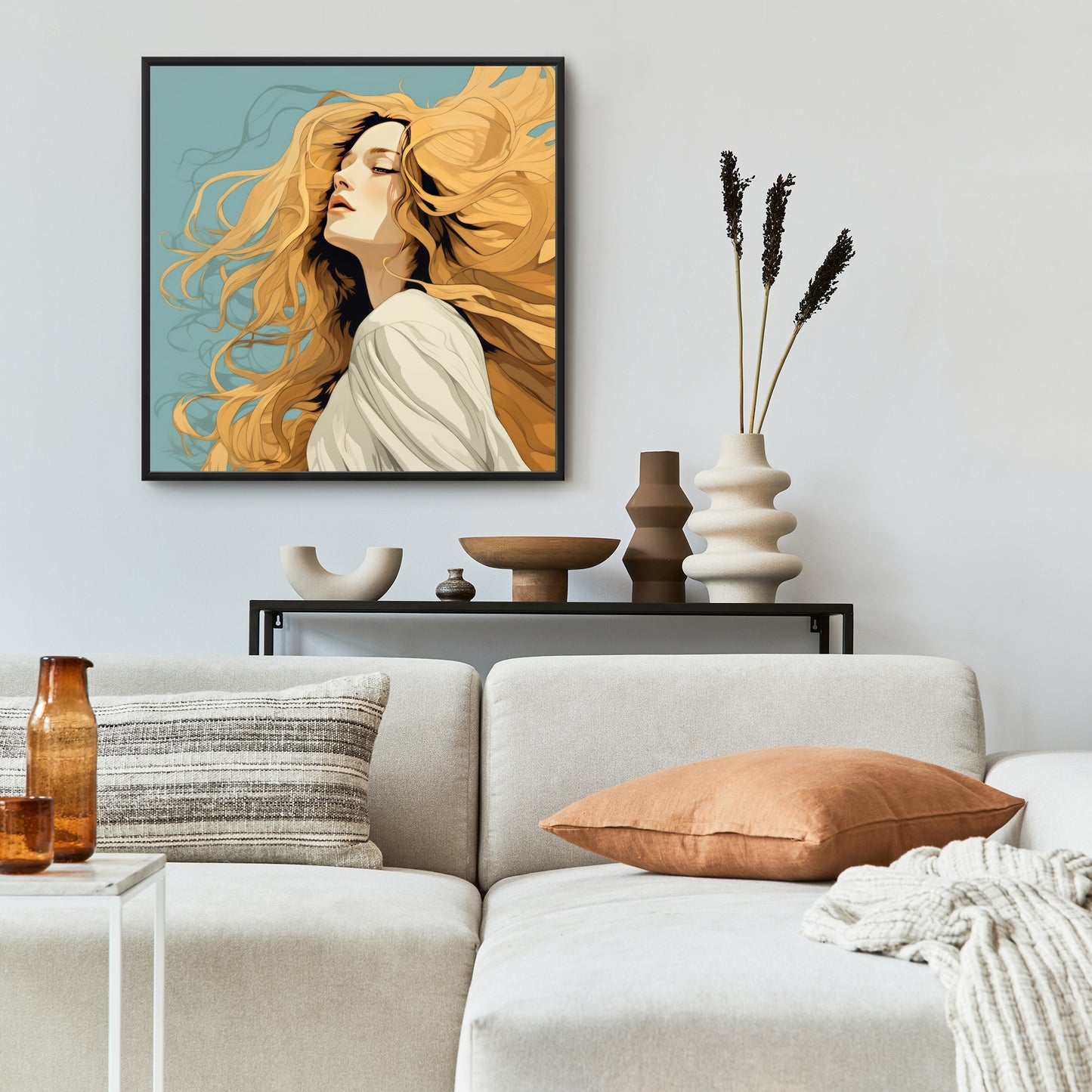 Flowing Hair - Beige Framed Canvas for Home Decor | Elegant Art