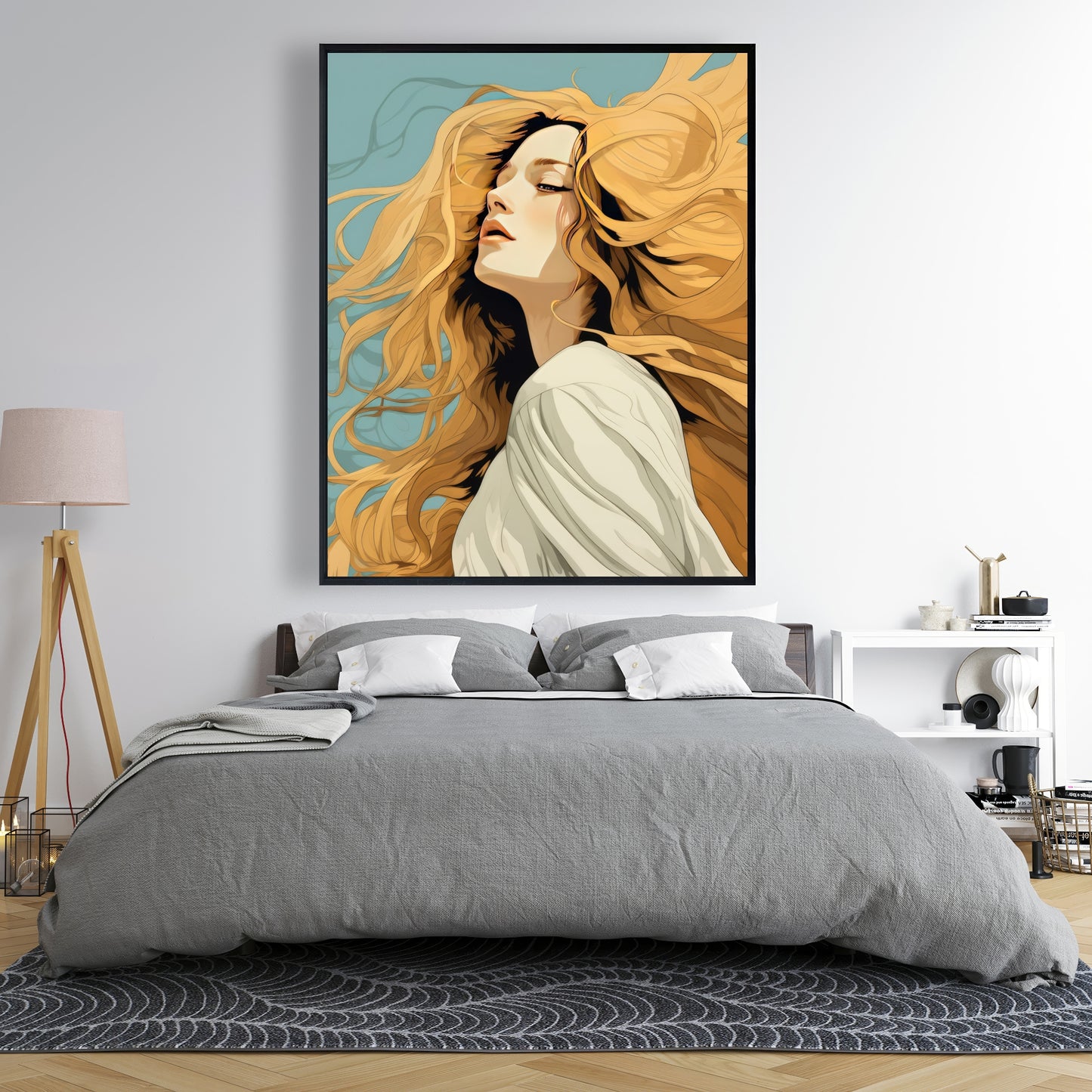 Flowing Hair - Beige Framed Canvas for Home Decor | Elegant Art