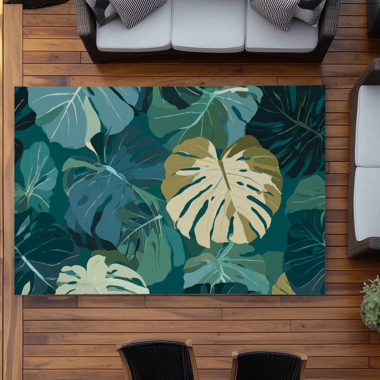 Tapis d'extérieur motif voile de feuilles tropicales | Décoration d'intérieur élégante