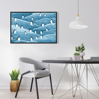 Penguins Wandering - Turquoise Framed Canvas for Home Decor