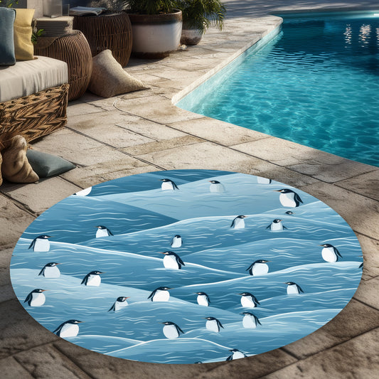 Penguins Wandering Turquoise Round Outdoor Area Rug | Home Decor