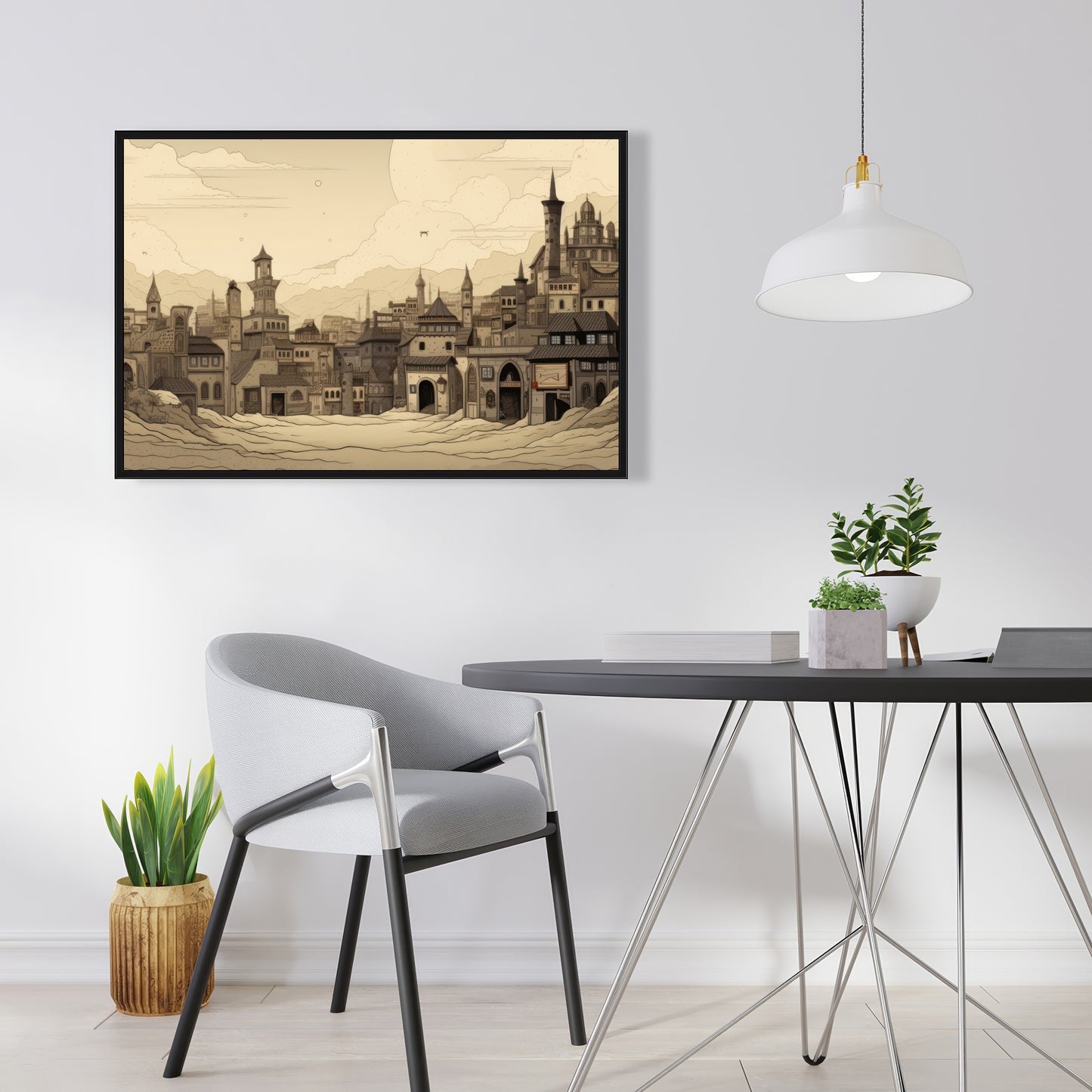 Desert Town - White Framed Canvas for Home Decor | Elegant Art