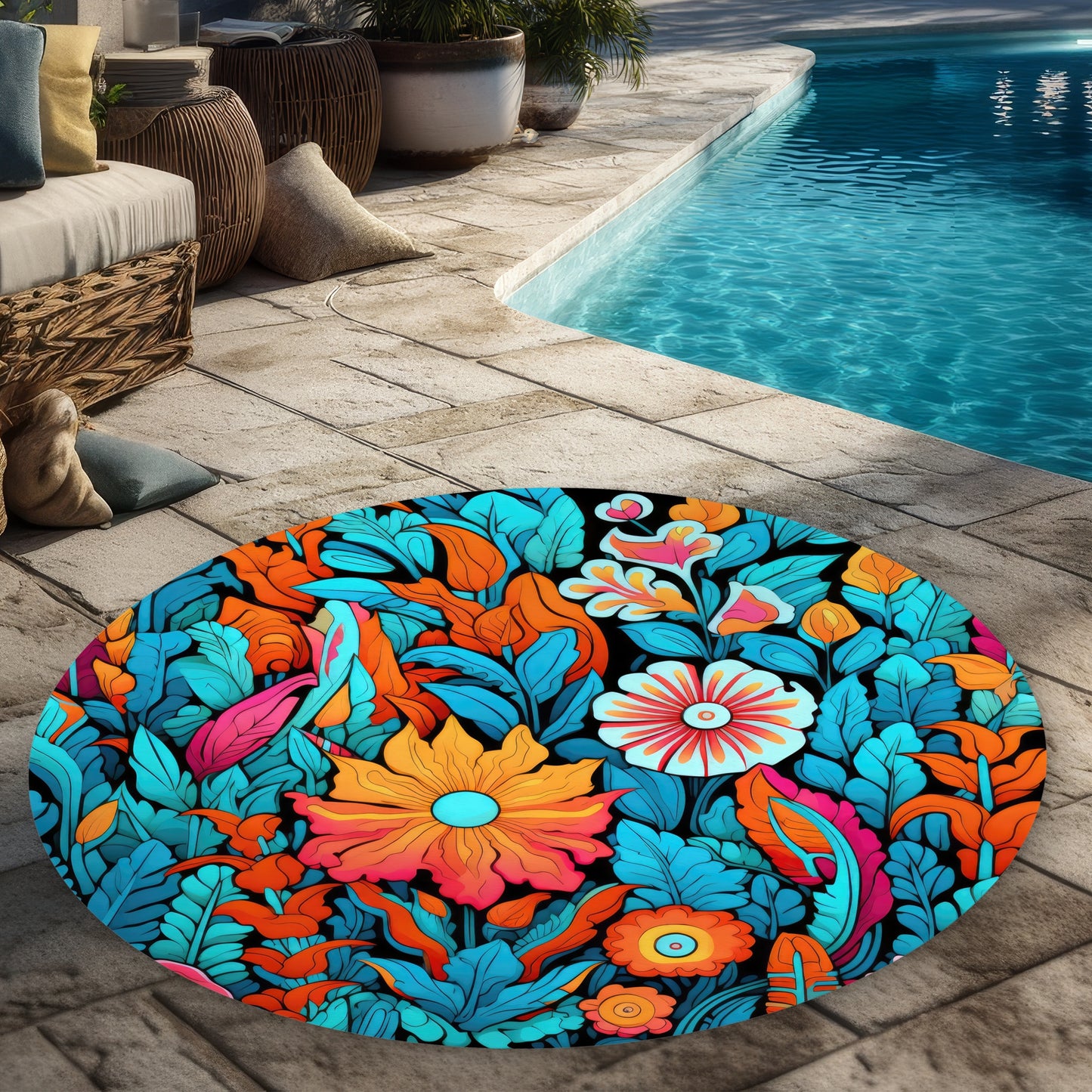 Floral Hues Black Round Outdoor Area Rug for Home Decor