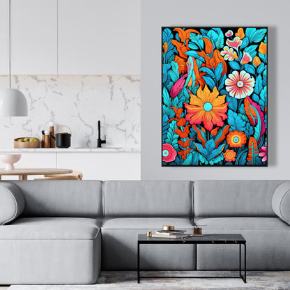 Floral Hues - Turquoise Framed Canvas for Home Decor