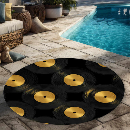 Tapis d'extérieur rond Golden Groove Circles | Décoration d'intérieur élégante