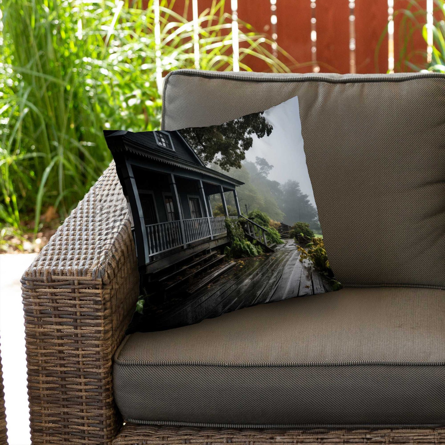 Coussin décoratif en sergé de polyester « Porche pluvieux » - Accessoire de décoration confortable pour la maison