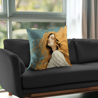Flowing Hair Turquoise Poly Twill Throw Pillow - Home Decor
