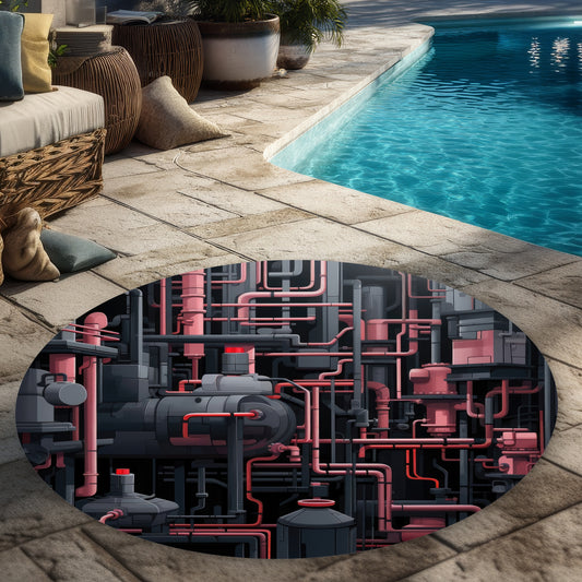 Tapis d'extérieur rond motif tuyaux sombres | Décoration élégante
