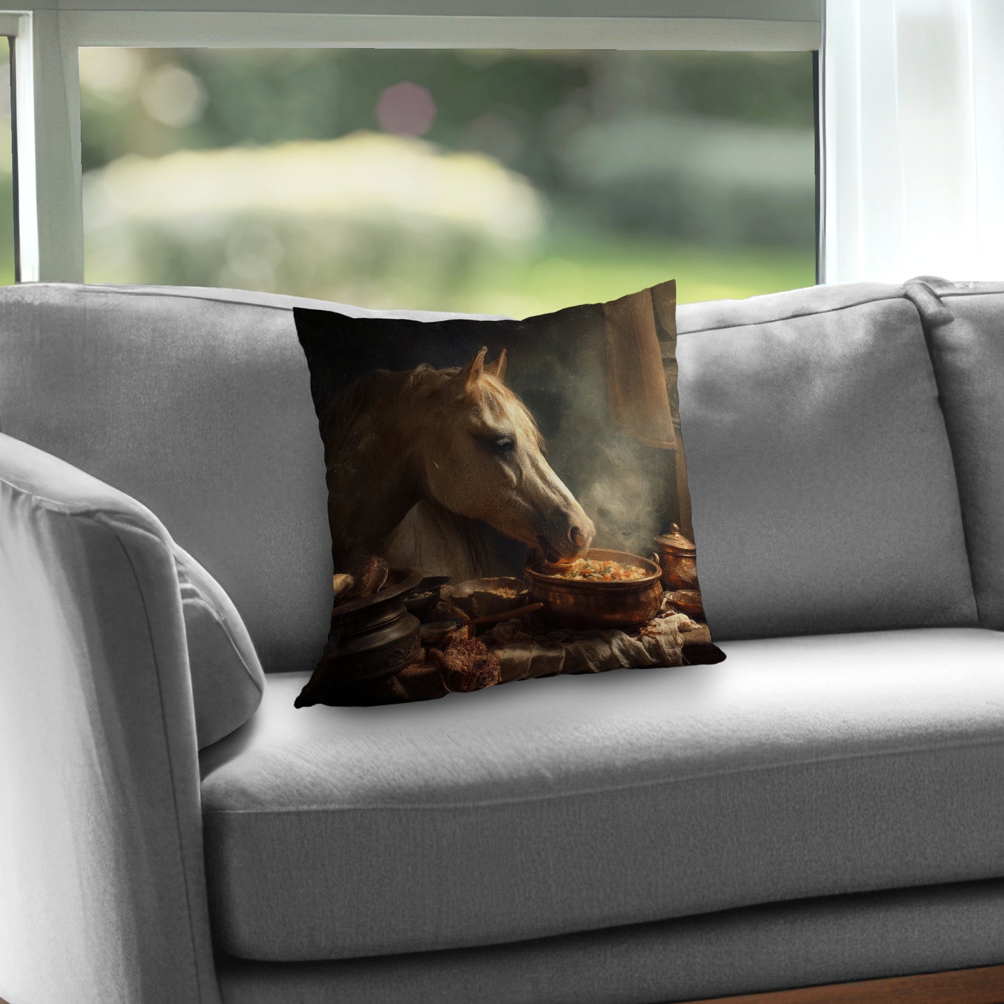 Horse on Soup Brown Poly Twill Throw Pillow - Decor Insert