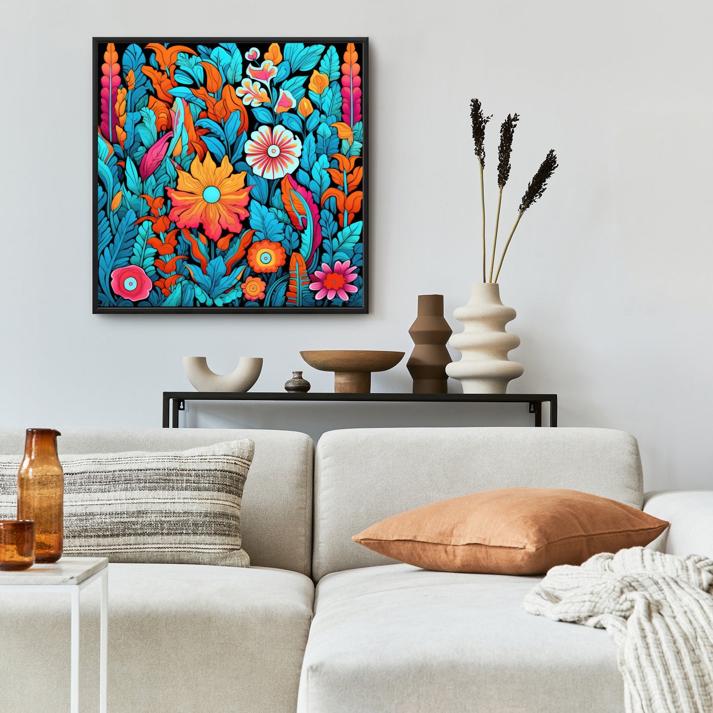 Floral Hues - Turquoise Framed Canvas for Home Decor