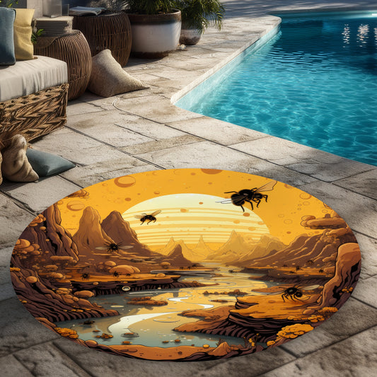 Hive Mind Yellow Round Outdoor Area Rug for Home Decor