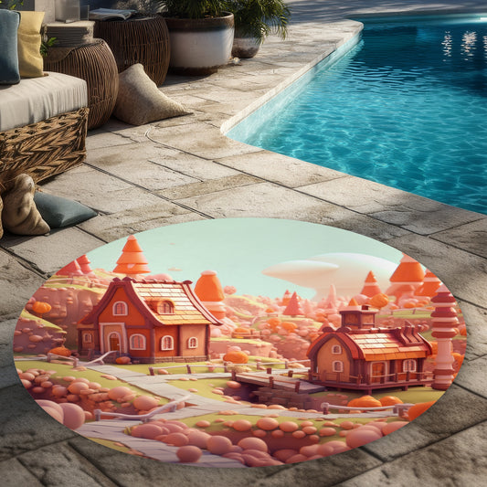 Toy Town White Round Outdoor Area Rug for Home Decor