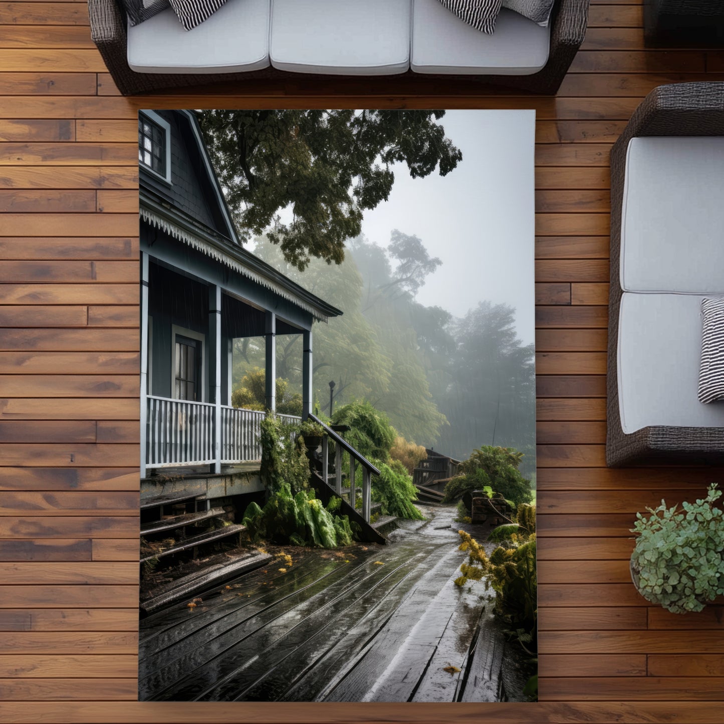 Rainy Porch - Brown Outdoor Area Rug for Home Decor