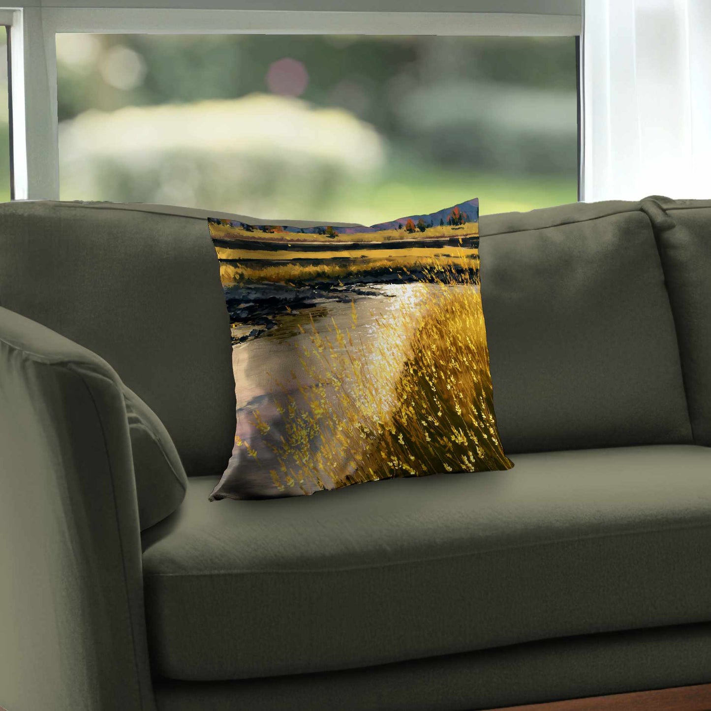 Coussin Déco en Twill Polyester "Golden Stream Glow" | Décoration Intérieure