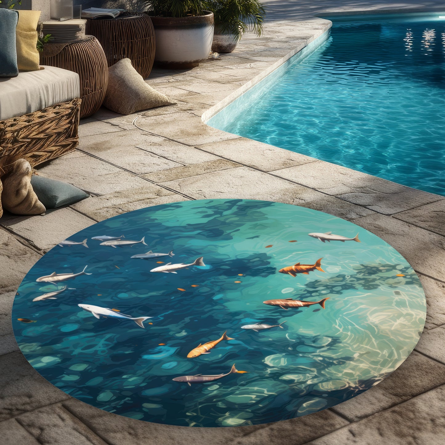 Swim Ahead Turquoise Round Outdoor Area Rug - Home Decor