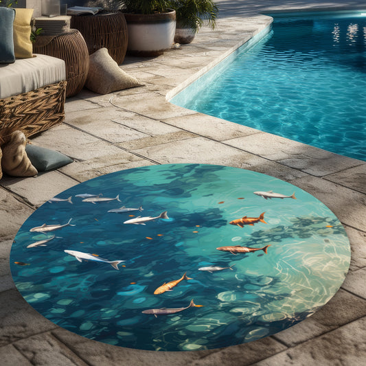 Swim Ahead Turquoise Round Outdoor Area Rug - Home Decor